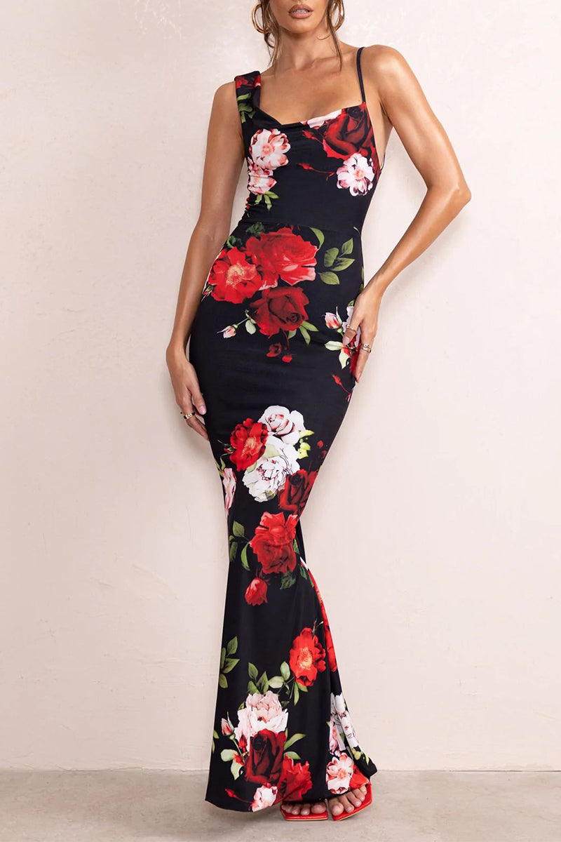 Sexy Vintage Floral Backless Asymmetrical U Neck One Step Skirt Dresses