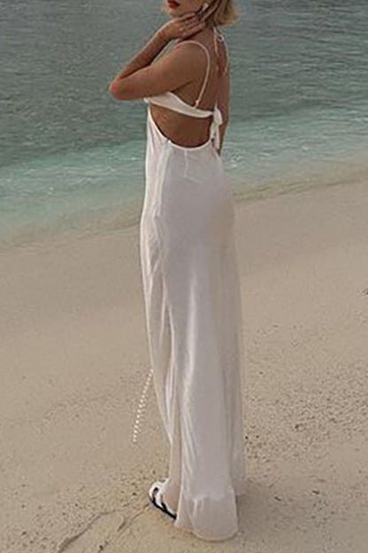 Sexy Solid Hollowed Out Backless Fold Sling Dresses