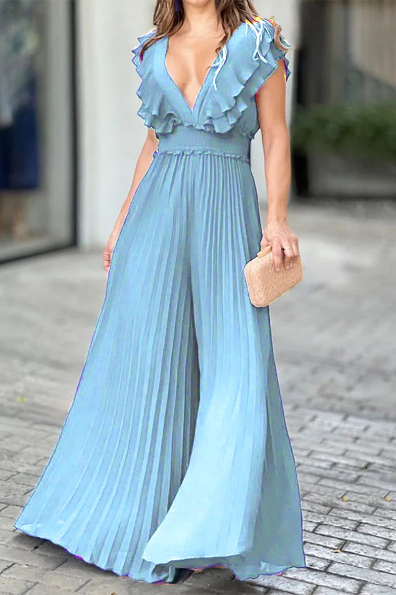 Elegant Solid Flounce Fold V Neck Jumpsuits