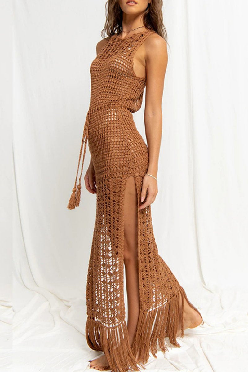 Casual Solid Tassel Hollowed Out See-through Slit O Neck Beach Dresses