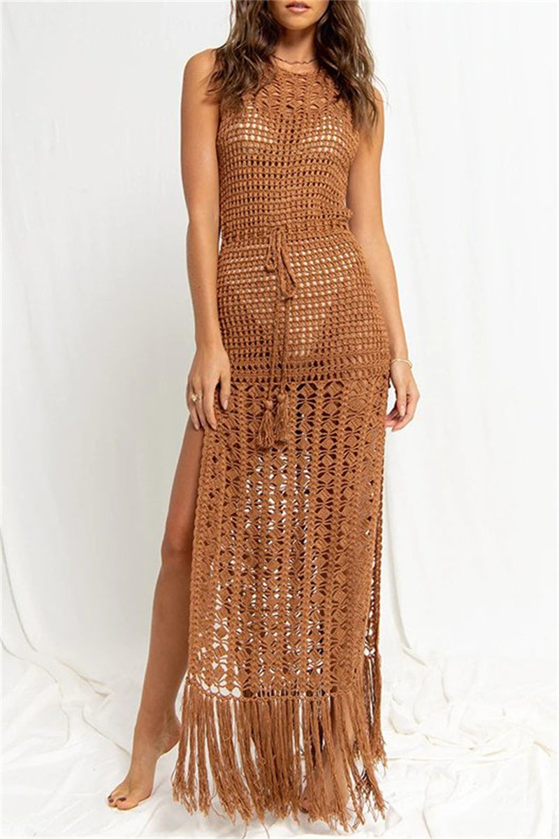 Casual Solid Tassel Hollowed Out See-through Slit O Neck Beach Dresses