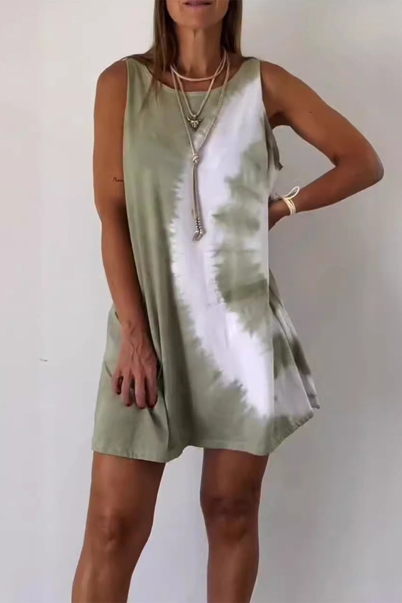 Casual Gradient Print Tie Dye Contrast O Neck Sleeveless Dresses