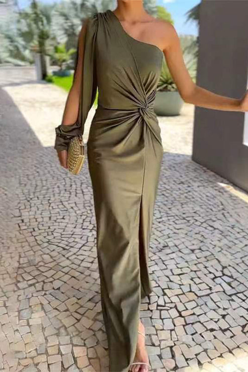 Sexy Slit Ruched Sloping Shoulder Evening Dresses