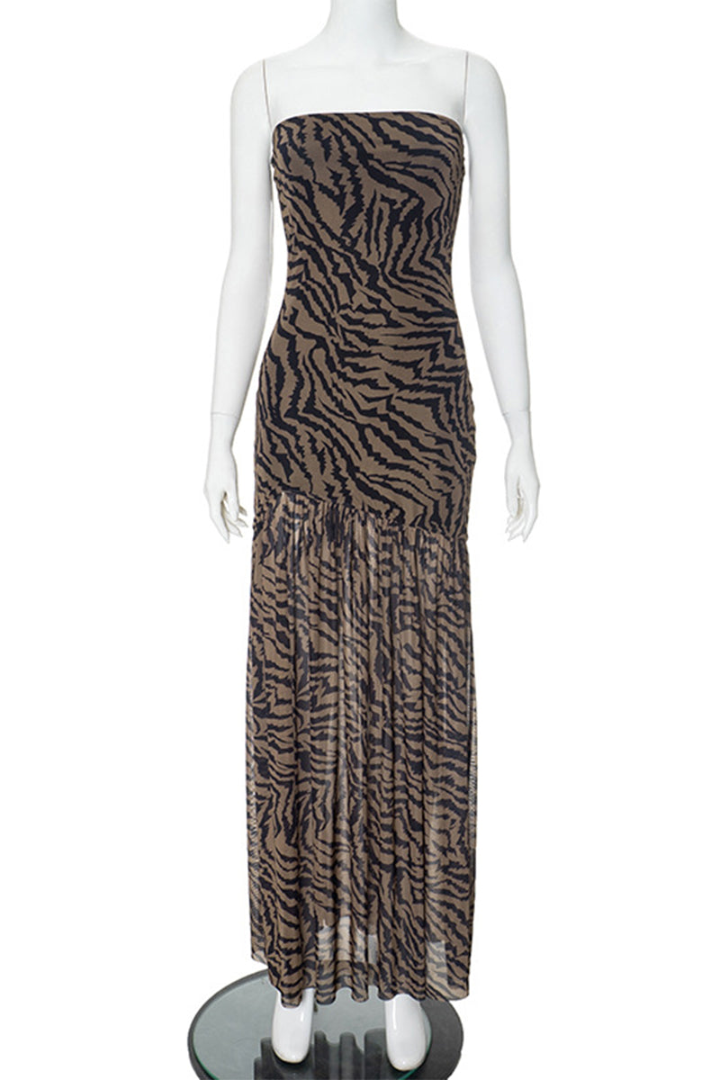 Sexy Animal Print Slit Mesh Strapless Strapless Dresses