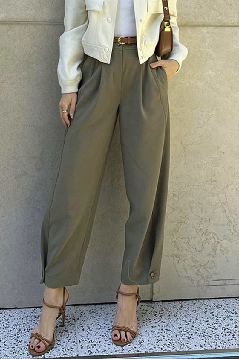 Casual Daily Solid Color Pocket With Belt Loose High Waist Harlan Solid Color Bottoms