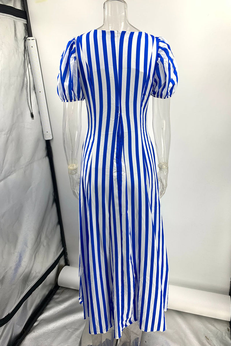 Casual Striped Print Pocket Contrast V Neck A Line Short Sleeve Dress