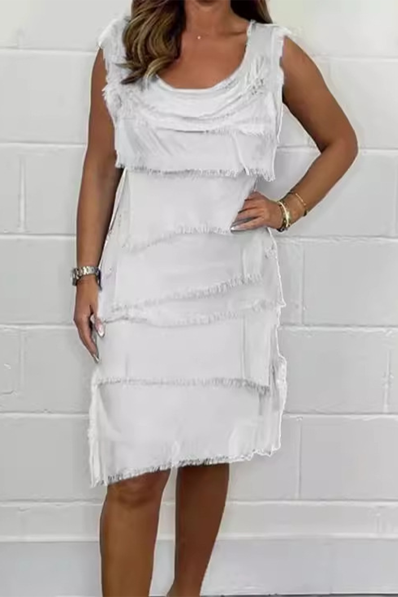 Casual Solid Color Fringed Trim Patchwork U Neck Sleeveless Dresses