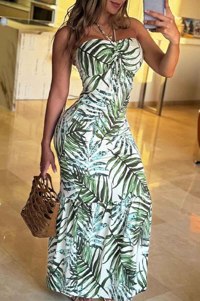 Sexy Casual Print Backless Strapless Long Dresses