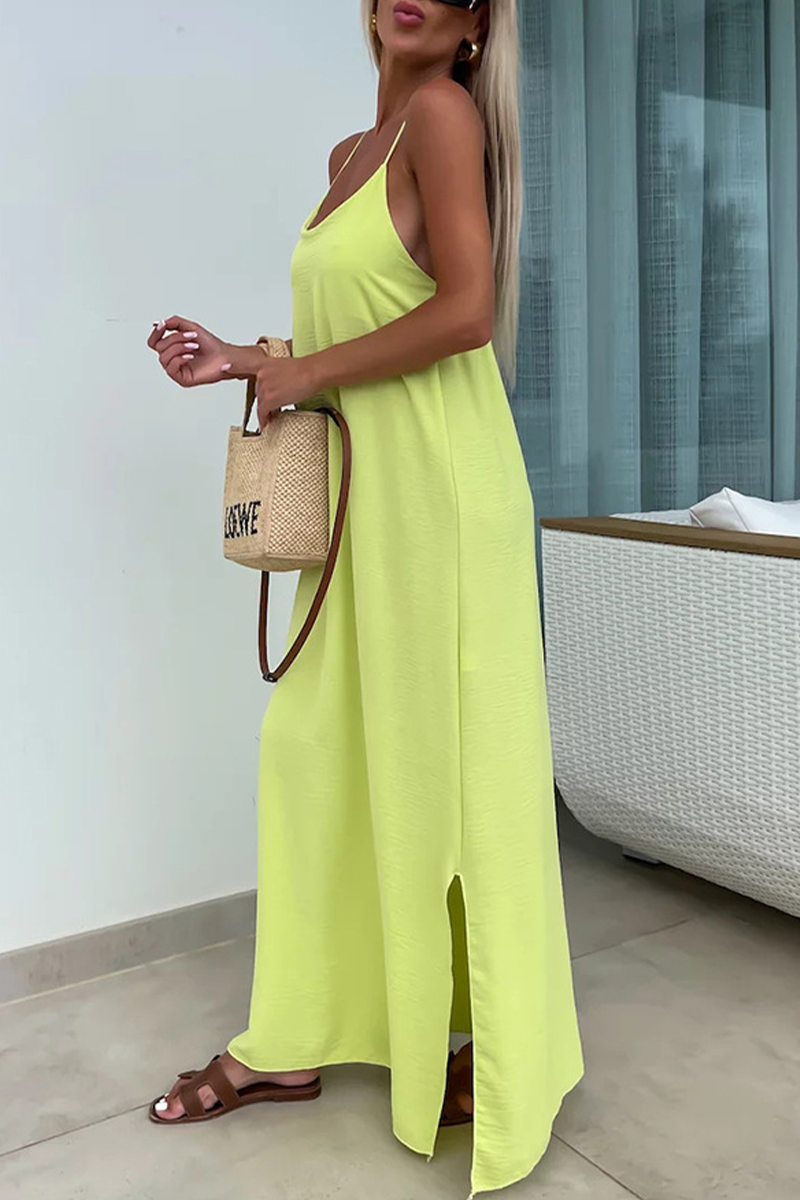 Casual Solid Color Backless Slit U Neck Sling Dresses(5 Colors)