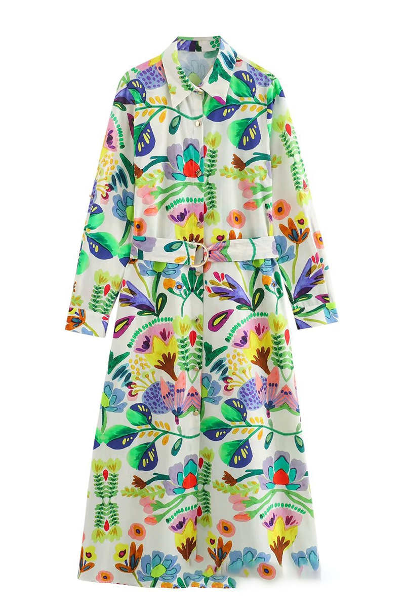 Casual Floral Print Patchwork With Belt Turndown Collar Printed Dresses