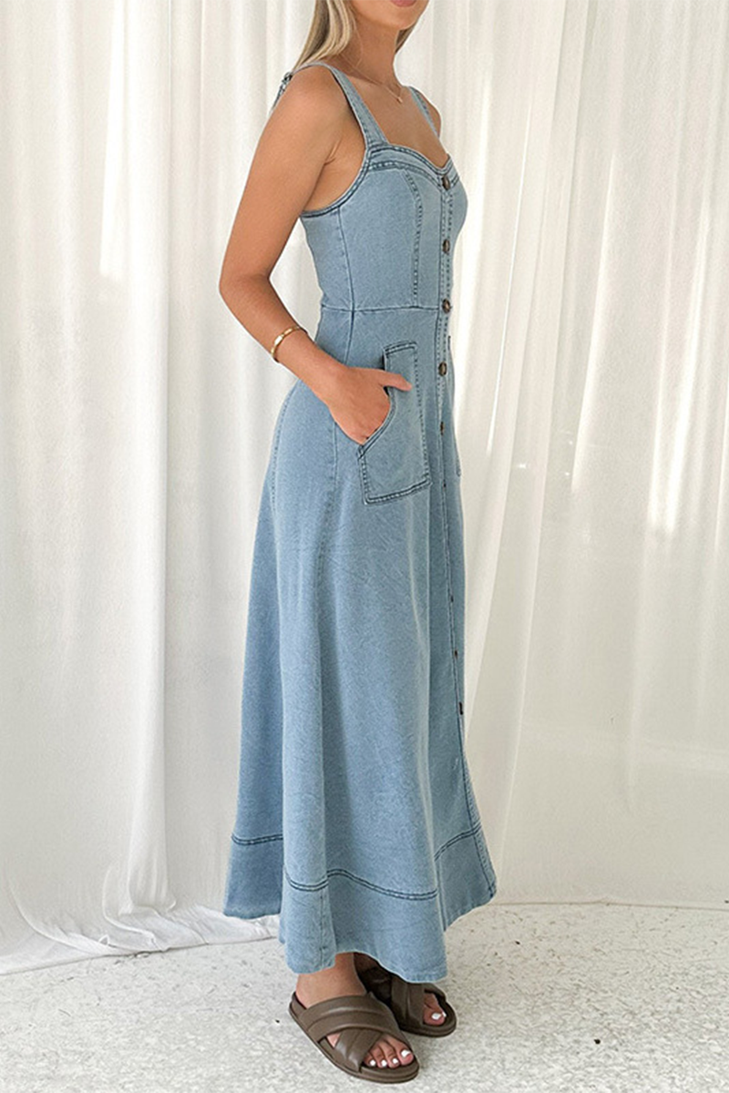 Sexy Street Solid Color Pocket Buttons Zipper V Neck Sleeveless Denim Dresses