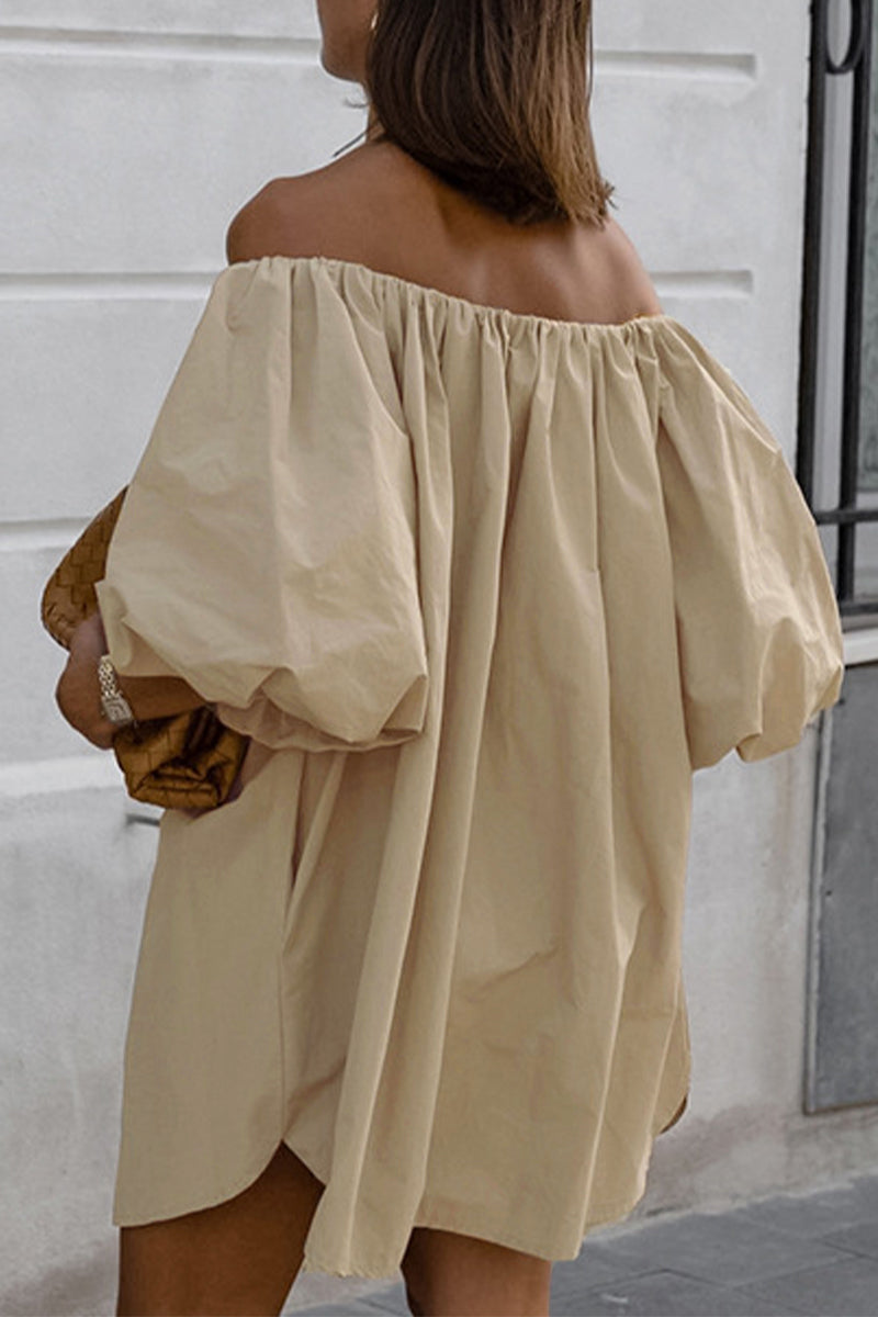 Sexy Solid Color Pocket Ruched Off Shoulder Lantern Skirt Dresses