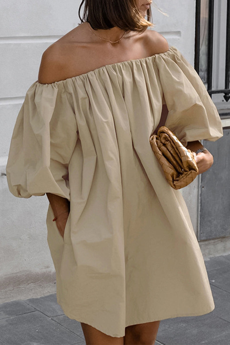 Sexy Solid Color Pocket Ruched Off Shoulder Lantern Skirt Dresses