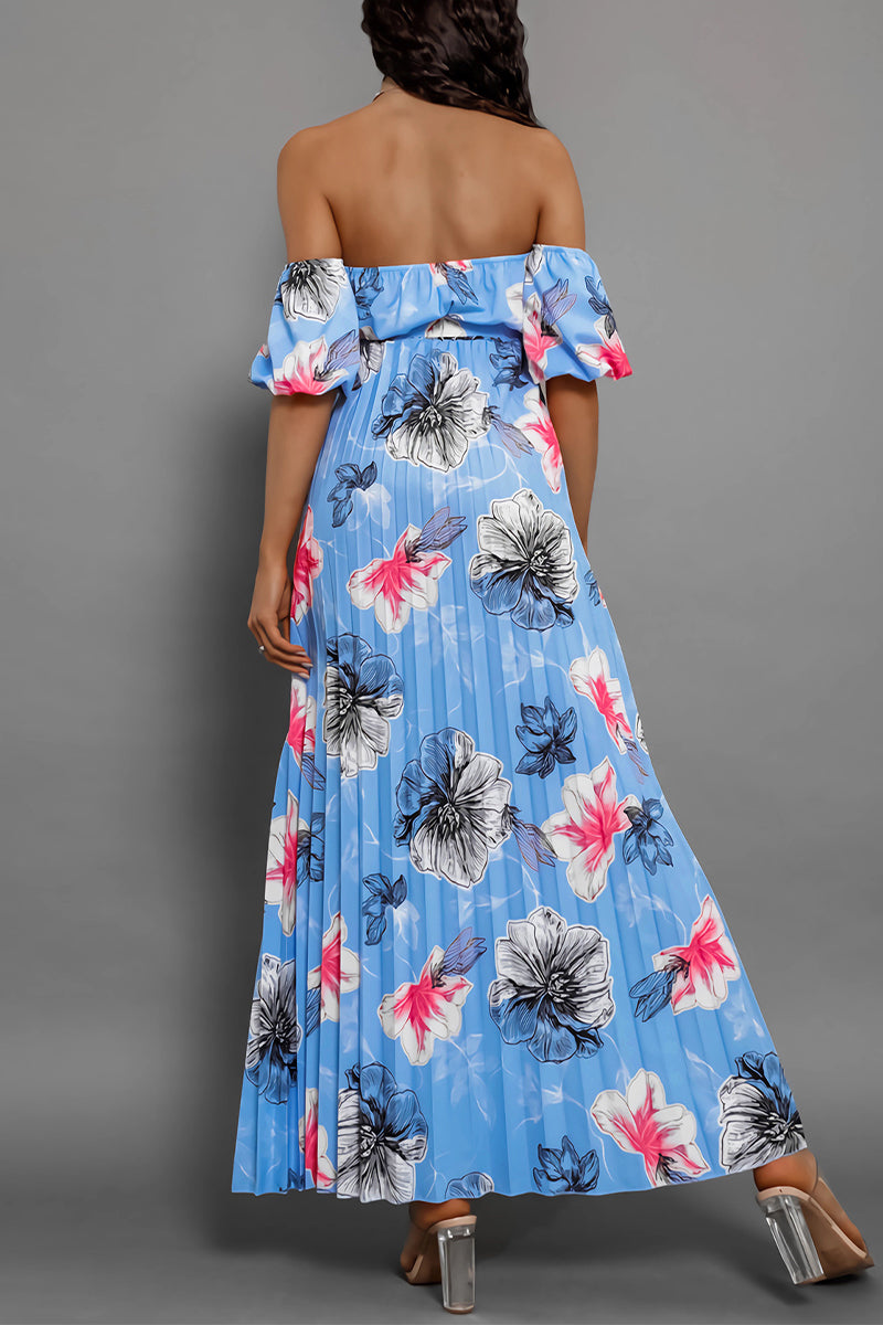 Sexy Floral Print Lace Up Pleated Off Shoulder Printed Dresses