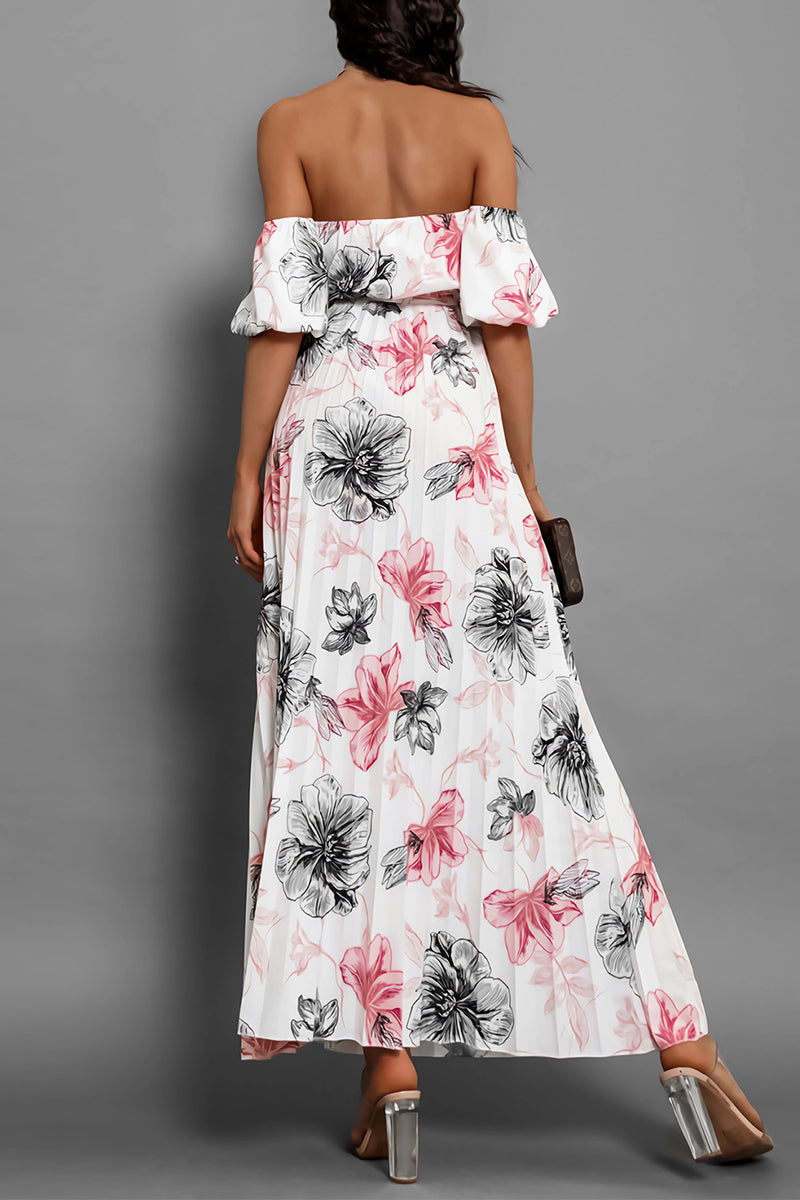 Sexy Floral Print Lace Up Pleated Off Shoulder Printed Dresses