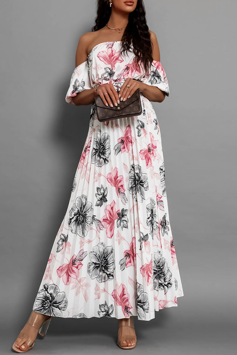 Sexy Floral Print Lace Up Pleated Off Shoulder Printed Dresses