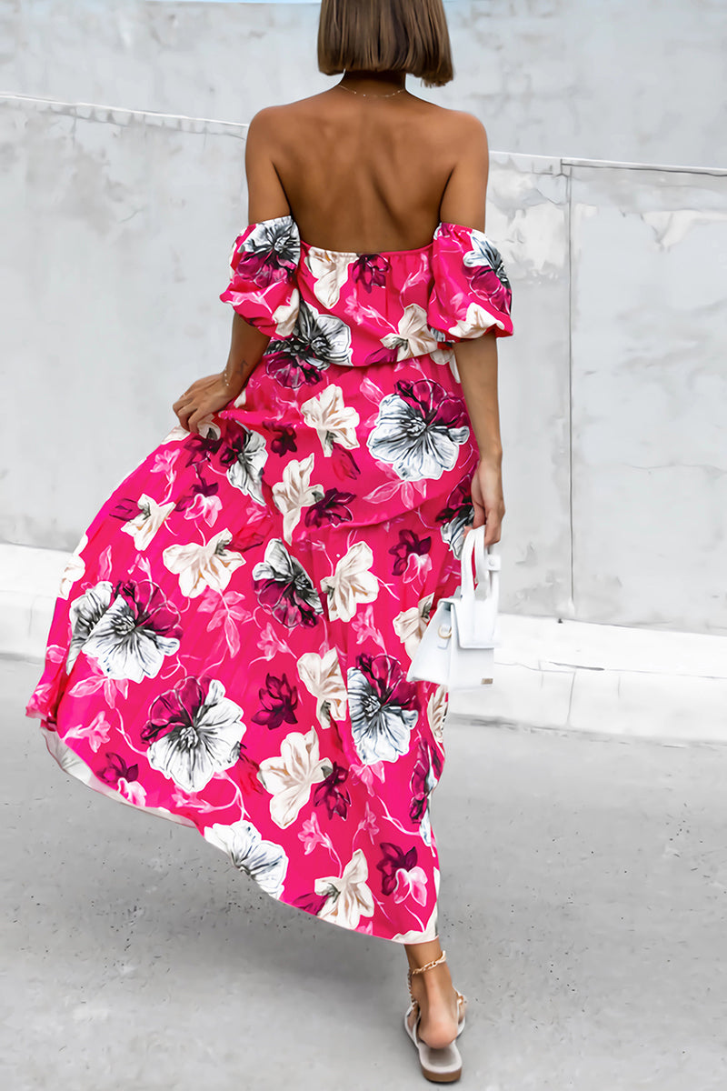 Sexy Floral Print Lace Up Pleated Off Shoulder Printed Dresses