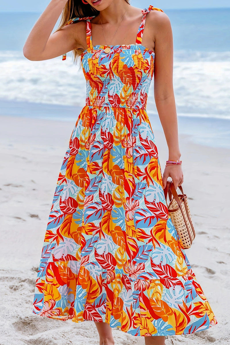 Casual Vacation Floral Print Lace Up Square Neck Sling Dresses