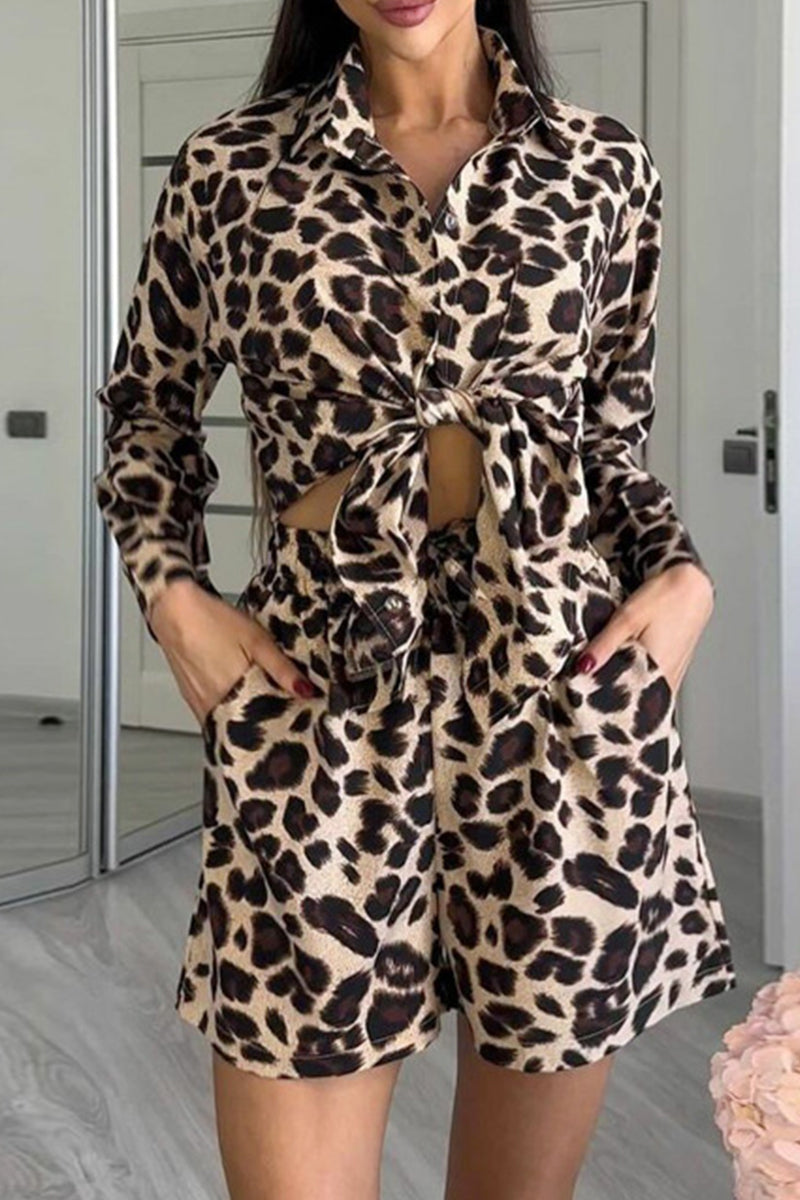 Casual Street Leopard Print Pocket Knotted Turndown Collar Long Sleeve Two Pieces