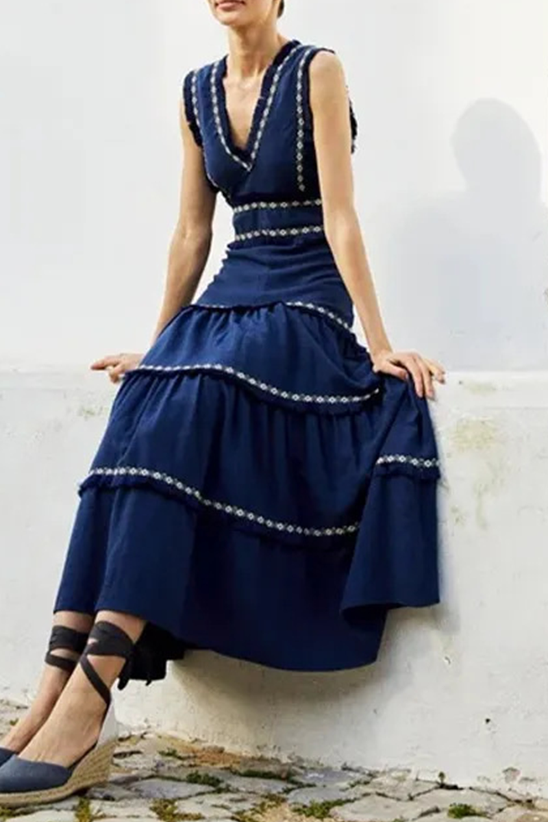 Elegant Solid Color Fringed Trim Patchwork V Neck Sleeveless Dresses