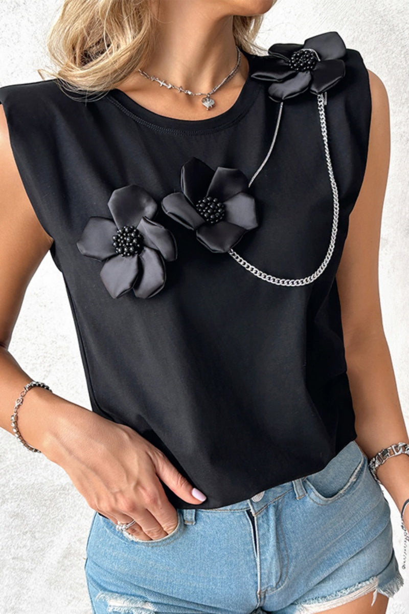 Casual Solid Color Flowers Patchwork Chains O Neck Tops