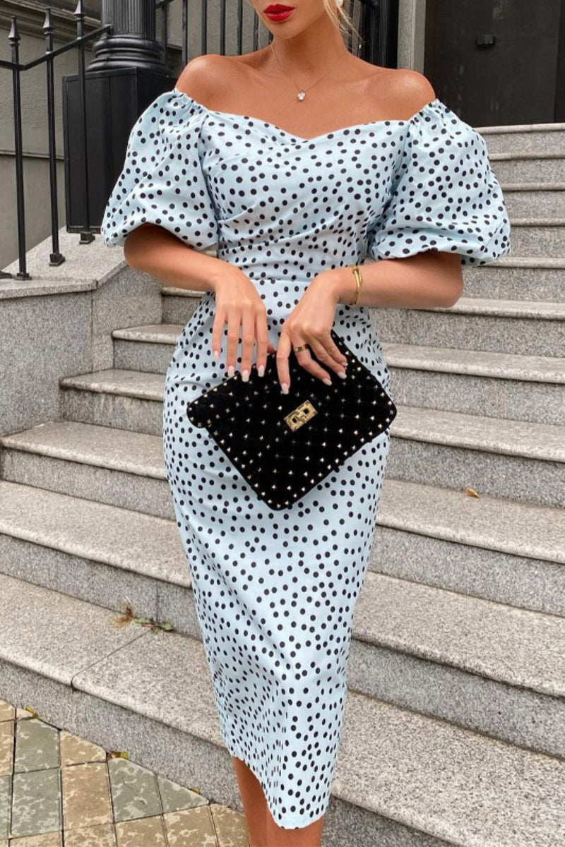 Casual Polka Dot Print Basic Off Shoulder Short Sleeve Dresses