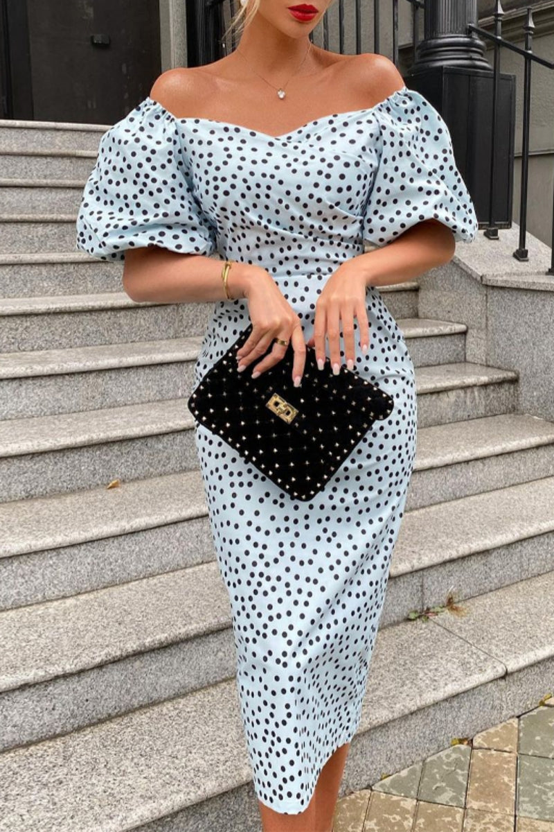 Casual Polka Dot Print Basic Off Shoulder Short Sleeve Dresses