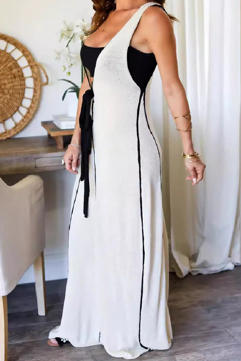 Casual Patchwork Belted V Neck Long Dresses