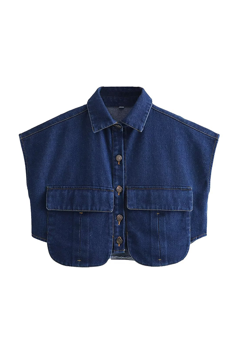 Casual Street Solid Color Buckle Patchwork Irregular Turndown Collar Sleeveless Denim Jacket