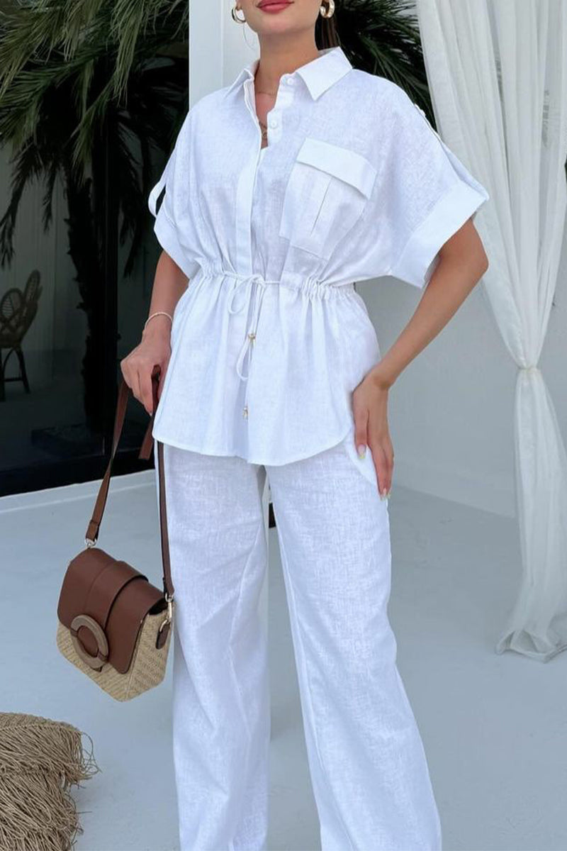 Casual Daily Solid Color Draw String Pocket Turndown Collar Short Sleeve Two Pieces(3 Colors)