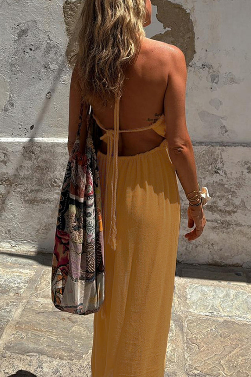 Sexy Vacation Solid Color Slit Strap Design Halter Irregular Dresses