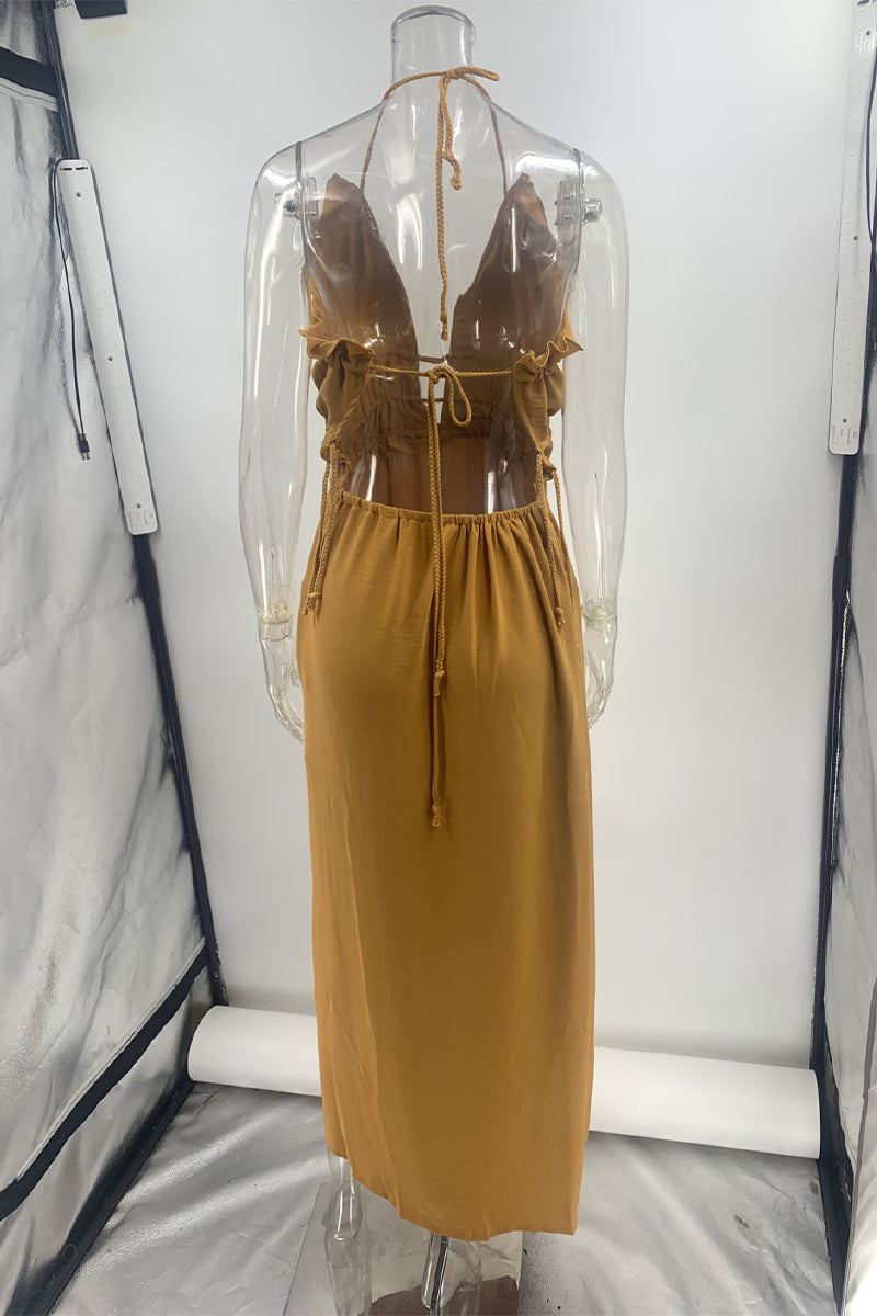 Sexy Vacation Solid Color Slit Strap Design Halter Irregular Dresses