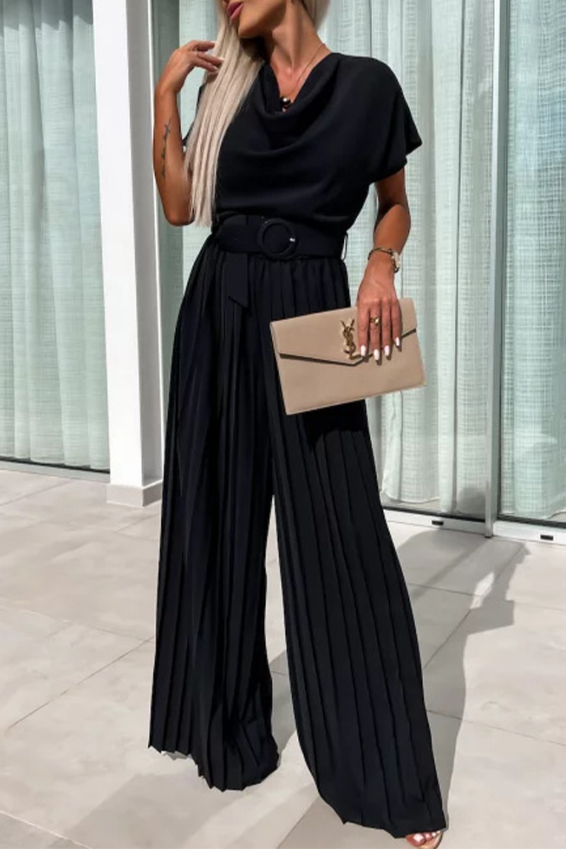 Casual Solid Color With Belt Pleated Pile Heap Collar Loose Jumpsuits(3 Colors)