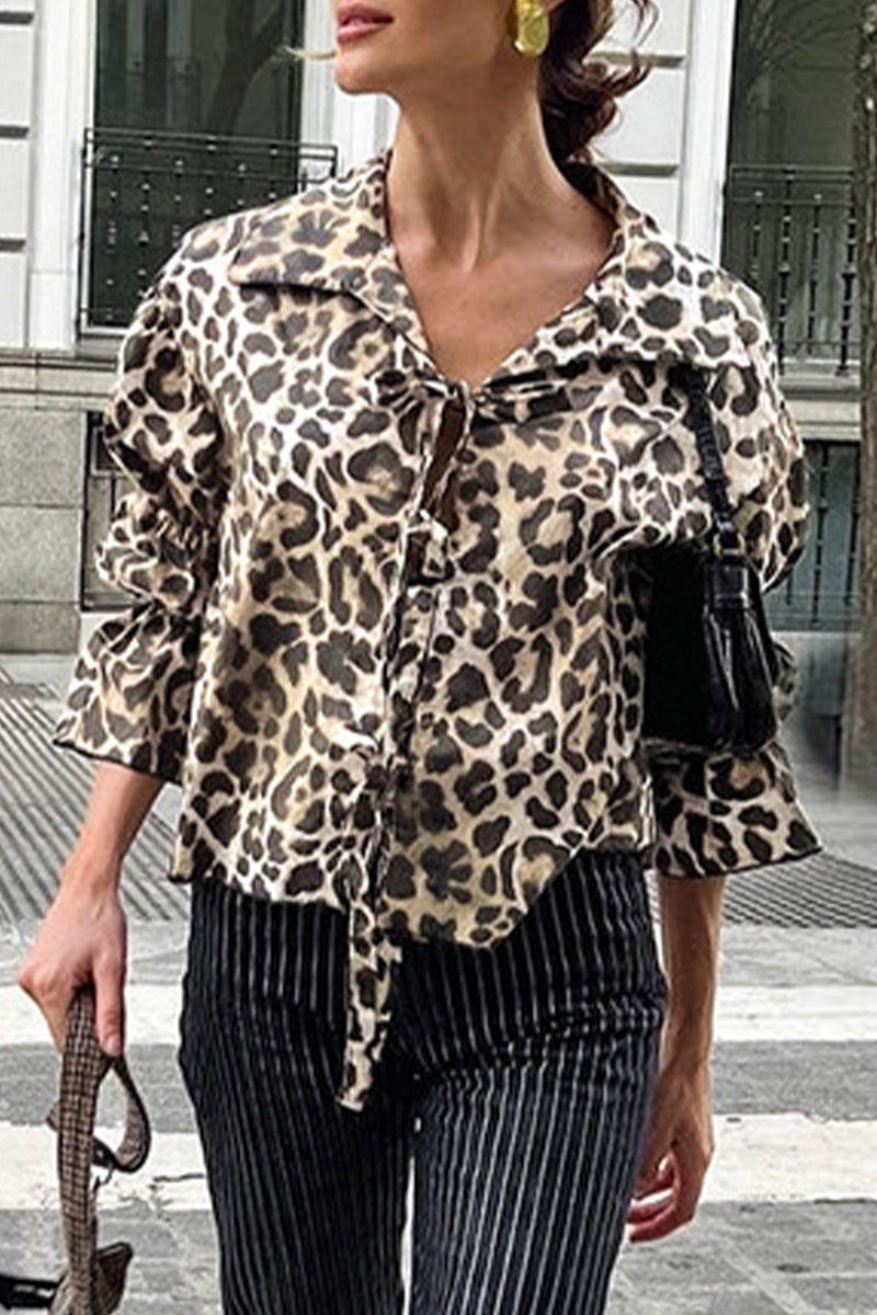 Casual Street Leopard Print Lace Up Turndown Collar Blouses