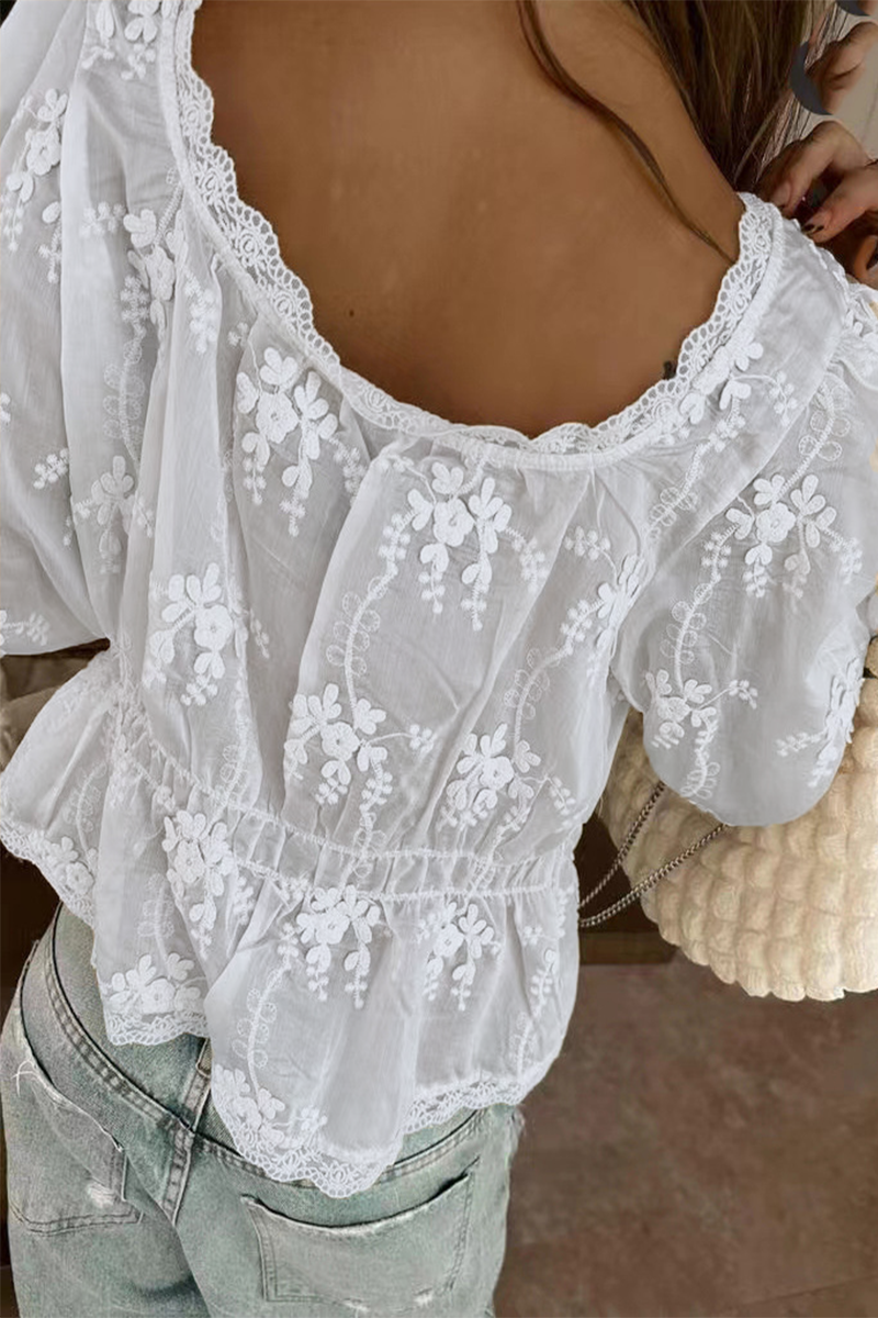 Sexy Daily Solid Color Embroidered Buttons See-Through U Neck Blouses