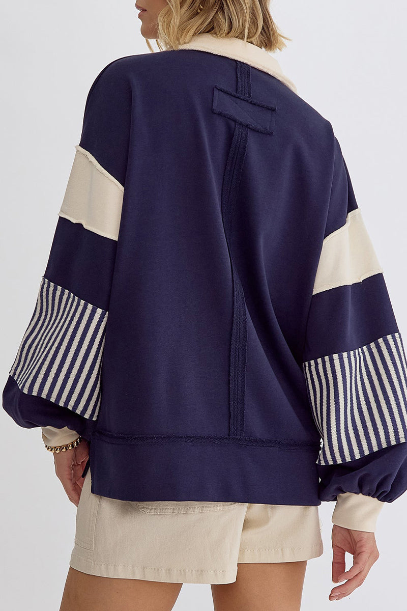 Casual Street Stripe Patchwork Contrast Turndown Collar Tops