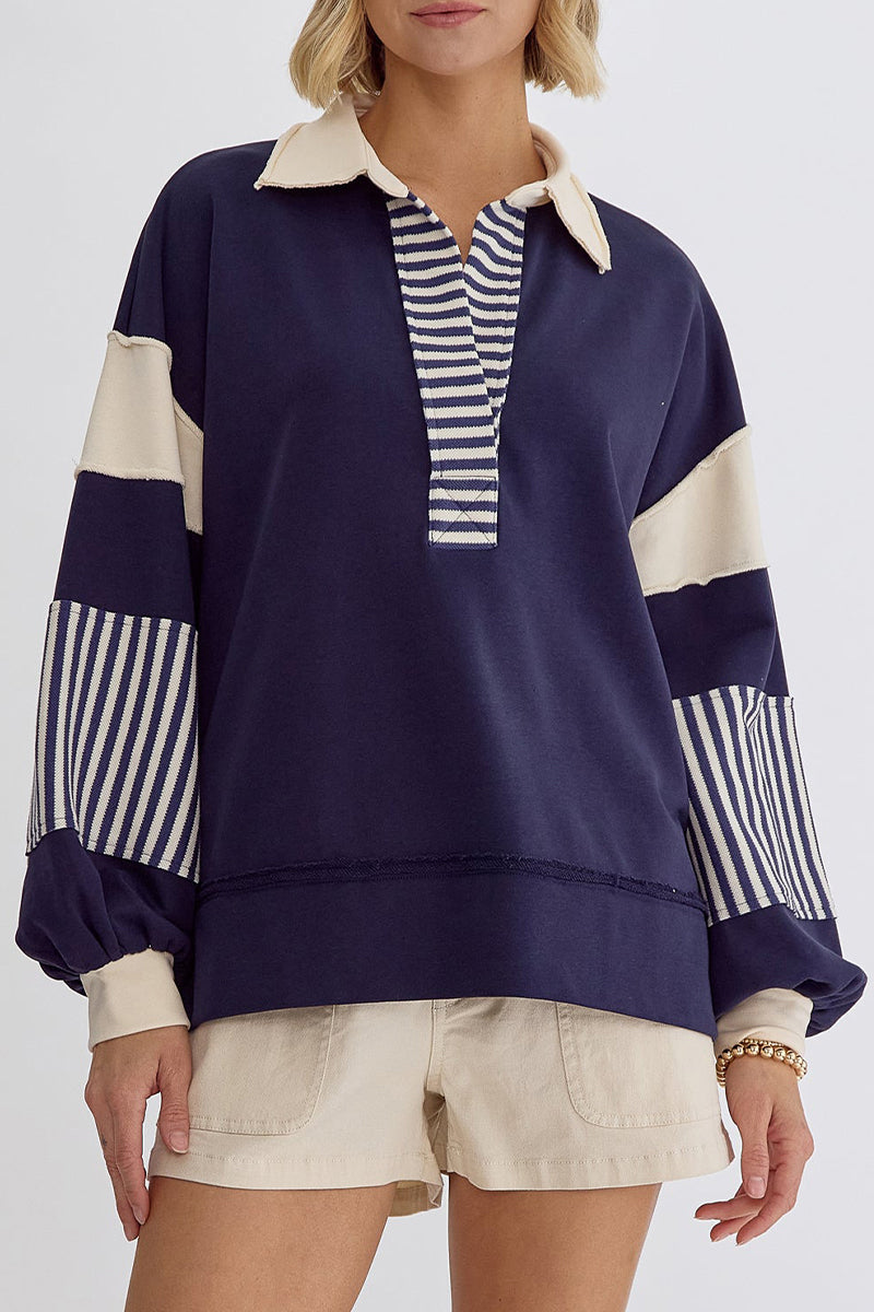 Casual Street Stripe Patchwork Contrast Turndown Collar Tops