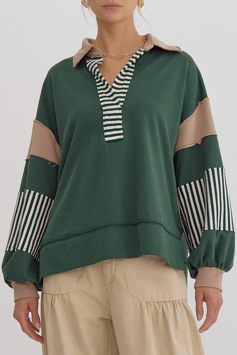 Casual Street Stripe Patchwork Contrast Turndown Collar Tops