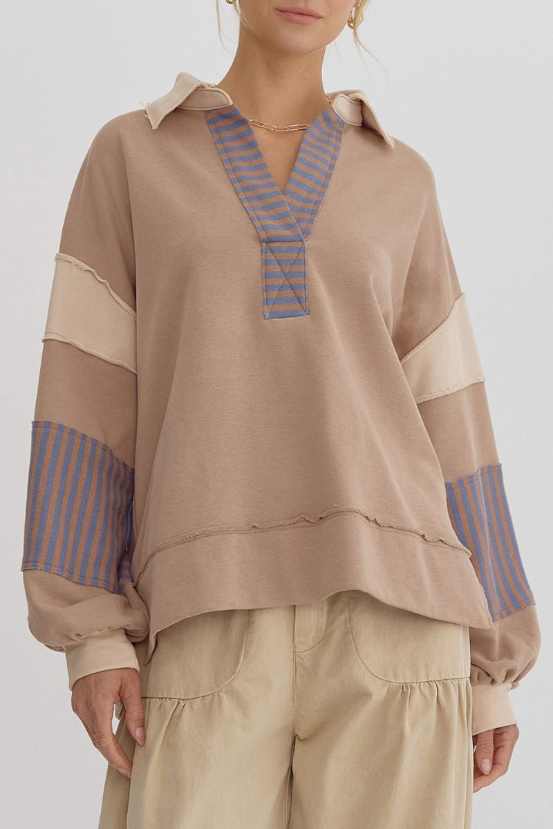 Casual Street Stripe Patchwork Contrast Turndown Collar Tops