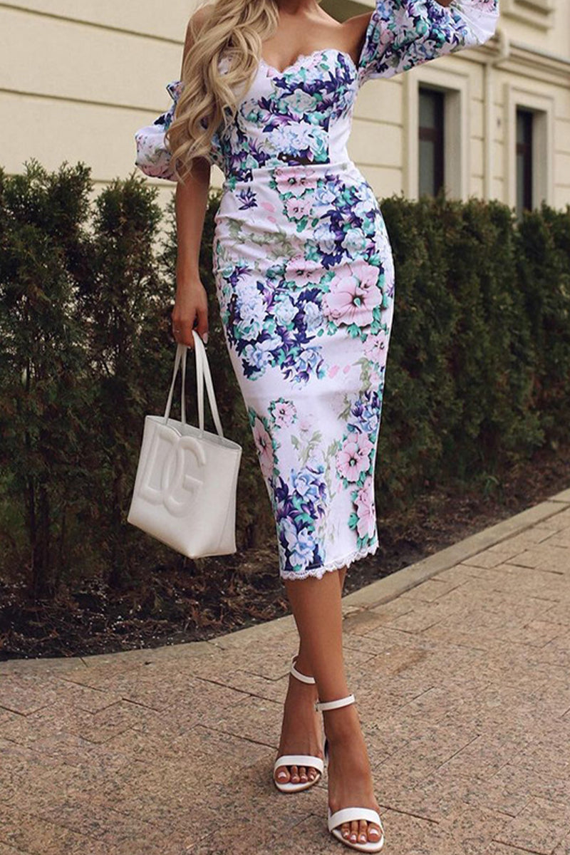 Sexy Floral Print Backless Off Shoulder Wrapped Skirt Dresses