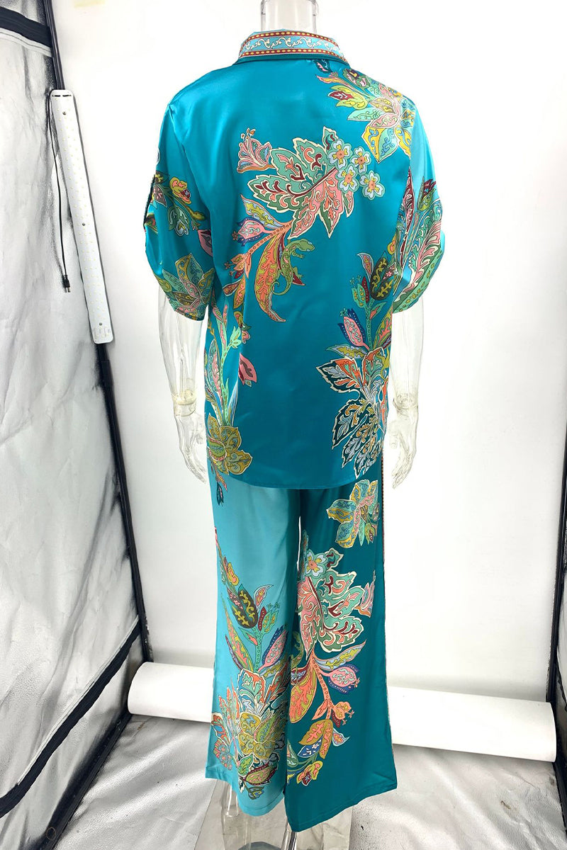 Casual Floral Print Patchwork Turndown Collar Long Sleeve Two Pieces