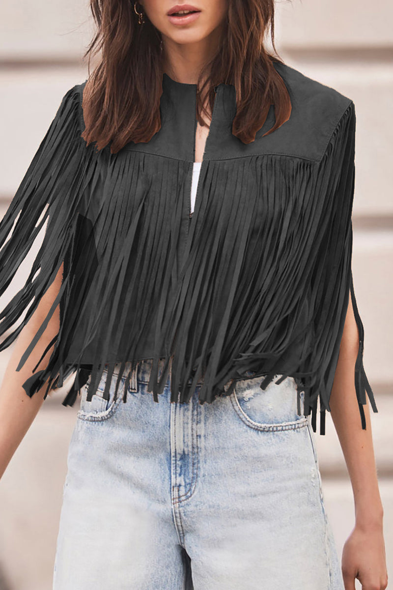 Casual Street Solid Color Fringed Trim O Neck Waistcoats