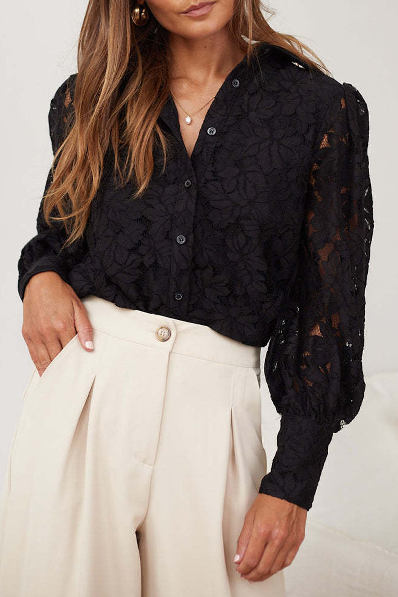 Sexy Solid Color Lace Hollow Out Turndown Collar Blouses