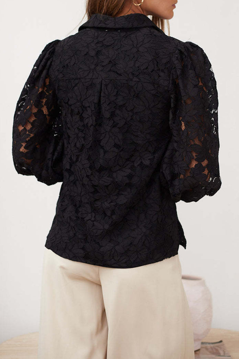 Sexy Solid Color Lace Hollow Out Turndown Collar Blouses