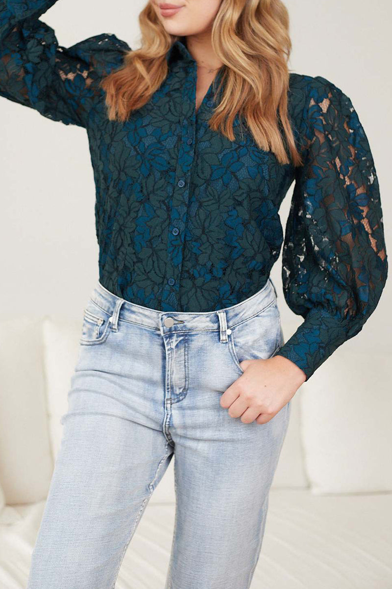 Sexy Solid Color Lace Hollow Out Turndown Collar Blouses