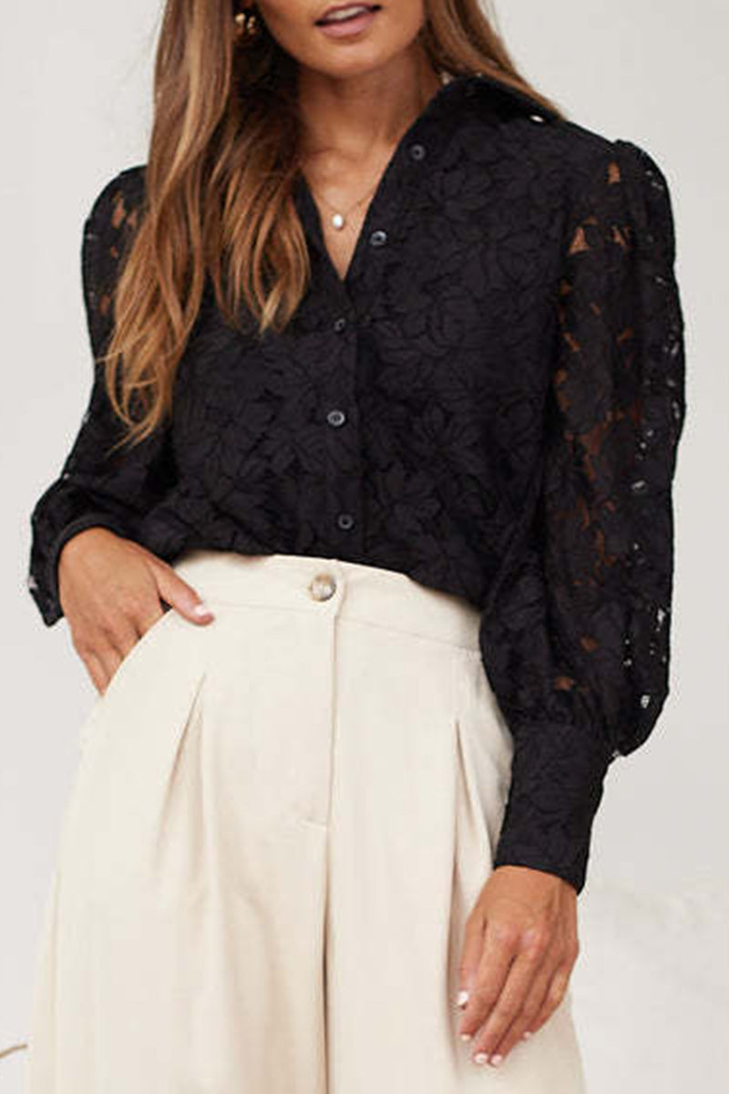 Sexy Solid Color Lace Hollow Out Turndown Collar Blouses