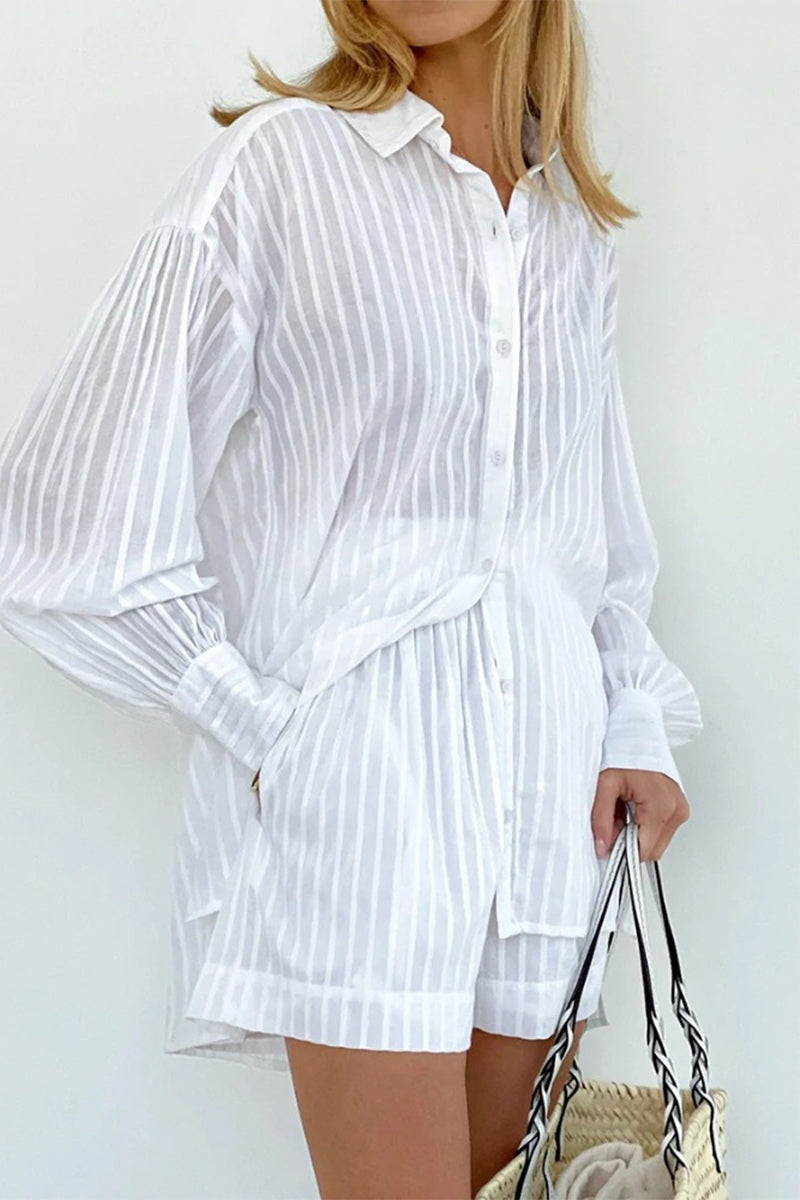 Casual Pocket See-Through Texture Turndown Collar Long Sleeve Two Pieces