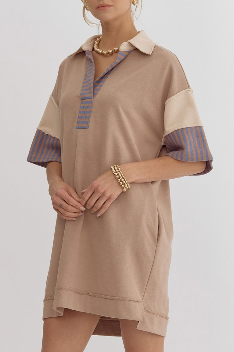 Casual Stripe Pocket Patchwork Turndown Collar Short Sleeve Short Sleeve Dress(5 Colors)