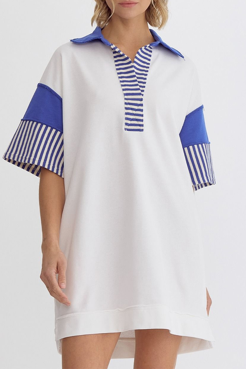 Casual Stripe Pocket Patchwork Turndown Collar Short Sleeve Short Sleeve Dress(5 Colors)