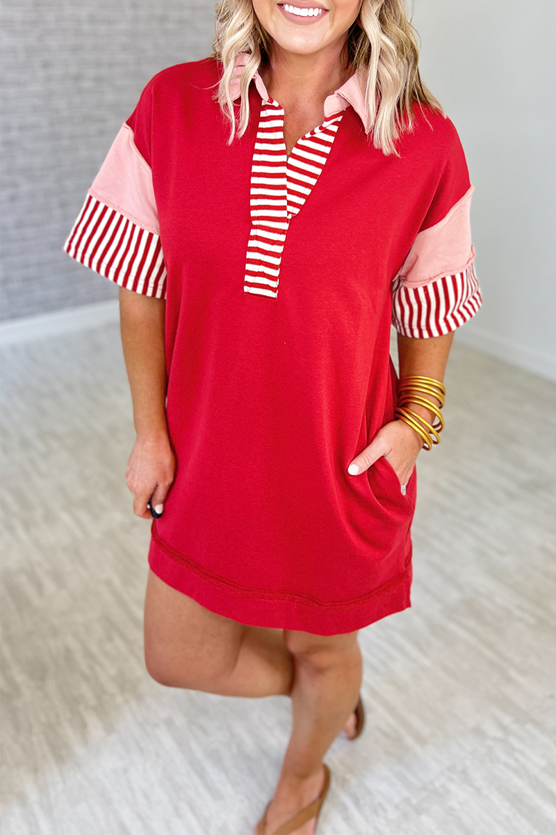 Casual Stripe Pocket Patchwork Turndown Collar Short Sleeve Short Sleeve Dress(5 Colors)